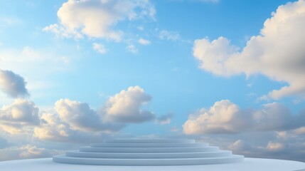 White podium stands in front of a wall, with blue sky and clouds background. generative ai