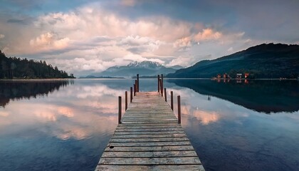 Obraz premium Un pequeño embarcadero de madera, en medio de un lago de aguas tranquilas