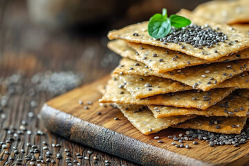 Chia seed crackers on a wooden board, healthy homemade snack idea, close-up view.