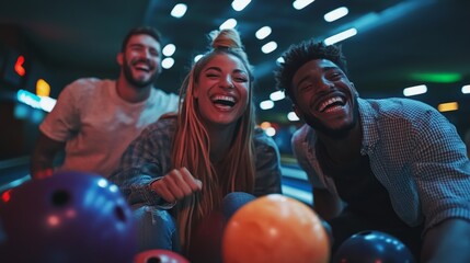 Three people are laughing and playing a game of bowling