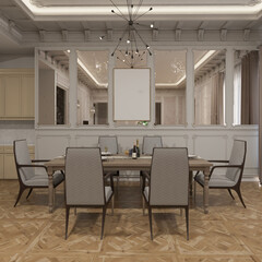 modern contemporary  dining room with classic architecture. poster frame mockup. 3d illustration