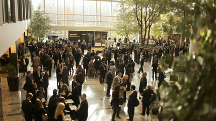 A large networking event with professionals connecting, suitable for job fairs and career expos. 
