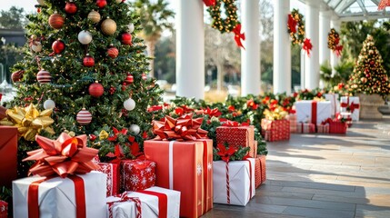 A festive scene featuring decorated Christmas trees and beautifully wrapped presents in a lovely holiday setting.