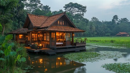 Fototapeta premium Floating Eco-Friendly House Nestled in Serene Riverscape