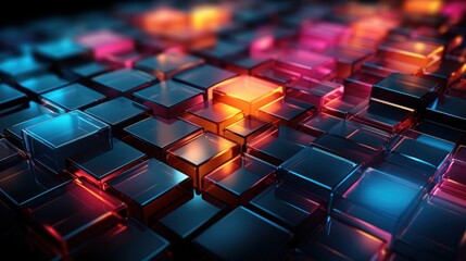 Abstract arrangement of glowing cubes in vibrant colors.