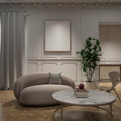 modern classic style of living room with sofa, coffee table and chair. poster frame mockup. 3d illustration