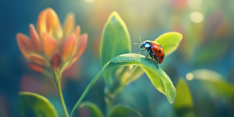 Naklejka premium Close-up of a ladybug perched on a leaf with softly blurred background, capturing nature’s delicate details.