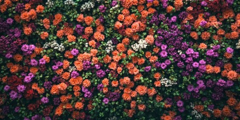 Flower wall background featuring vibrant chrysanthemums in red, orange, pink, purple, green, and white, ideal decor.