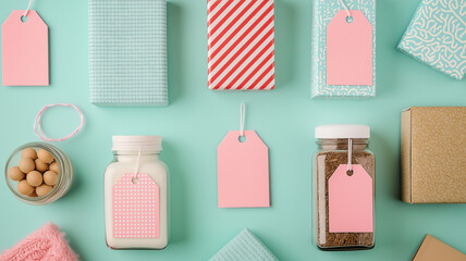 Creative flat lay of colorful packaging and jars on teal background