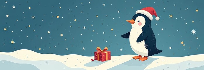 baby penguin and christmas gifts on snow background, banner, christmas card