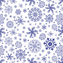 Vector seamless Christmas hand drown monochrome pattern with dark blue snowflakes and stars on a transparent background