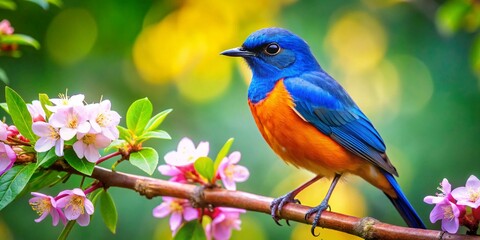 Obraz premium Vibrant Blue and Orange Bird on Tree Branch Above Lush Green Foliage with Flowers