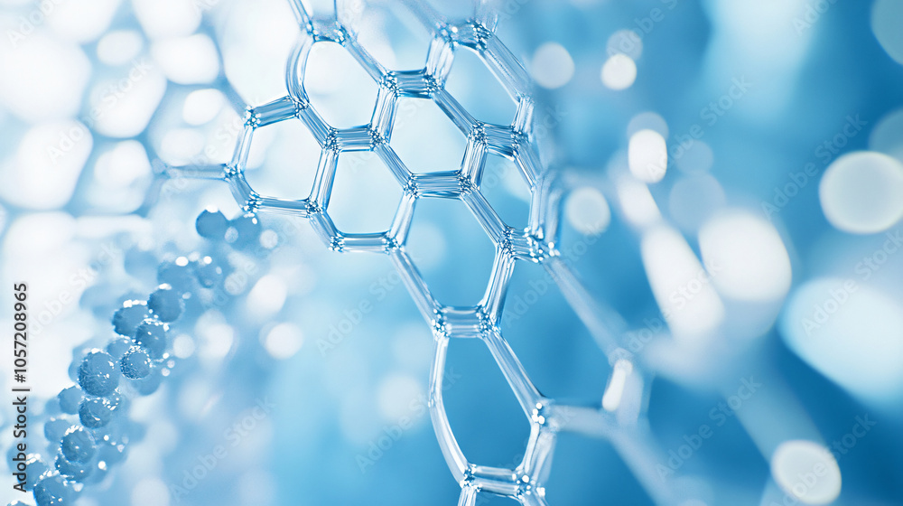 Poster a close-up image of molecular structures showcases interconnected hexagons and spheres in shades of 