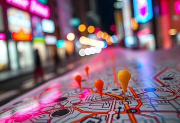 Close-up of a city map highlighted with glowing neon blue and pink lights, featuring a red navigation pin element, intricate abstract geometric patterns, and a softly blurred background