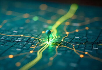 Close-up of a city map highlighted with glowing neon blue and pink lights, featuring a red navigation pin element, intricate abstract geometric patterns, and a softly blurred background
