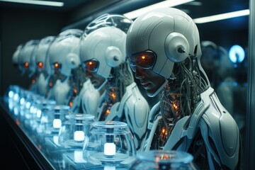 Fototapeta premium A row of futuristic humanoid robots with glowing features in a high-tech environment.