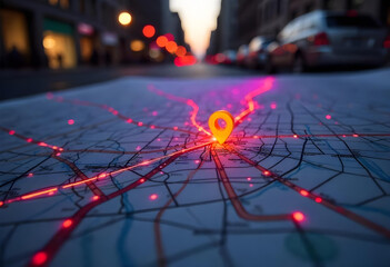 Close-up of a city map highlighted with glowing neon blue and pink lights, featuring a red navigation pin element, intricate abstract geometric patterns, and a softly blurred background