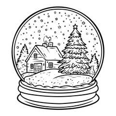 Snow globe with a cozy cottage and Christmas tree surrounded by snowflakes.