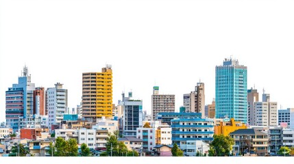 Fototapeta premium A vibrant city skyline showcasing modern skyscrapers and diverse architecture against a bright backdrop.