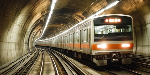 Fototapeta premium High-resolution motion blur photo of a train moving inside a tunnel in Tokyo, Japan.
