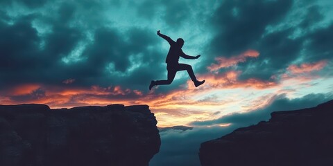 High-resolution photo of a silhouette man jumping from past to future over a cliff, symbolizing progress.