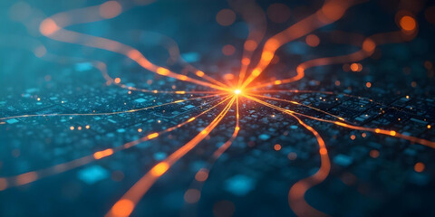 Close-up of a city map highlighted with glowing neon blue and pink lights, featuring a red navigation pin element, intricate abstract geometric patterns, and a softly blurred background