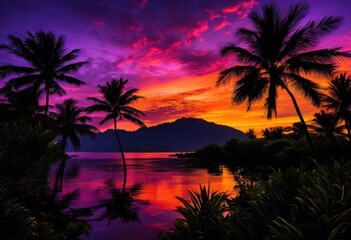 vibrant silhouettes palm trees stunning tropical sunset background showcasing lush greens glowing oranges, nature, landscape, beach, clouds, leaves, flora