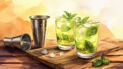 Alcoholic drink. There is a glass with an alcoholic drink and ice cubes on wooden boards. Mojito cocktail number one hundred eight with shaker and mint leaf. 
