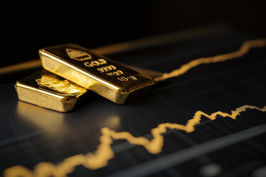 Shiny gold bars placed on top of fluctuating stock market graphs, representing the steadiness of gold in a volatile market, with copy space. 