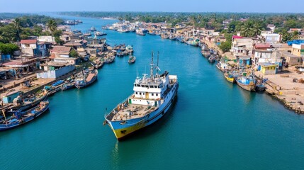 Fototapeta premium Aerial View of Boats in Harbor Coastal Town India