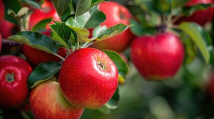 Obraz premium Abundant ripe red apples on a garden branch.