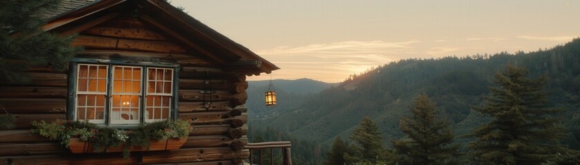 A cabin with a window and a lantern hanging from the ceiling
