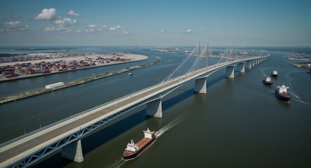 Aerial of bridge crossing over busy shipping channel