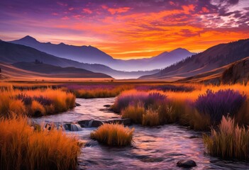 Fototapeta premium vast scenic landscapes featuring majestic mountain silhouettes under vibrant skies dynamic natural elements, scenery, vista, range, peak, horizon