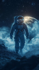 Obraz premium Astronauts in space suits walk across the moon's cratered landscape, with smoke rising from a nearby crater. Earth is visible in the background, glowing under sunlight, embodying the spirit of space e