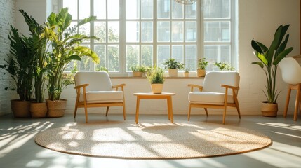 Bright and inviting room featuring wooden chairs and a round rug, surrounded by vibrant greenery basking in sunlight through large windows, creating a peaceful ambiance.