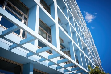 Modern building facade with geometric patterns and blue accents against a clear sky.