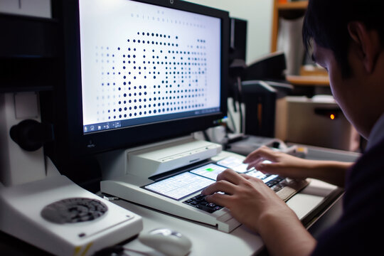 Modern Braille display device connected to a computer, with a visually impaired person using it to read digital text.