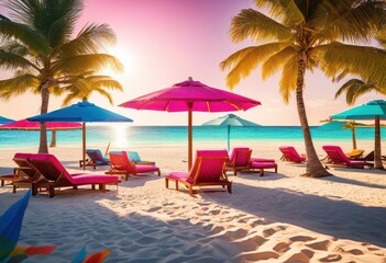 Fototapeta premium vibrant tropical paradise colorful lounge chairs fun umbrellas creating inviting ambiance relaxation sunny outdoor space, beach, sunshine, vacation, landscape
