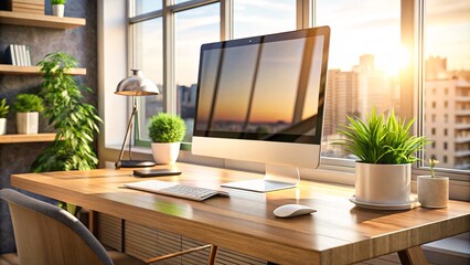 Modern Home Office, Sunset City view, Computer on wood desk, minimalist design V2