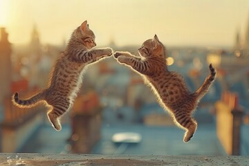 Obraz premium Two kittens jumping in the air, one of them is on the left