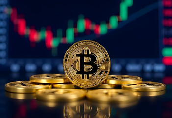 Bitcoins and crypto currency on the background of trading graphs