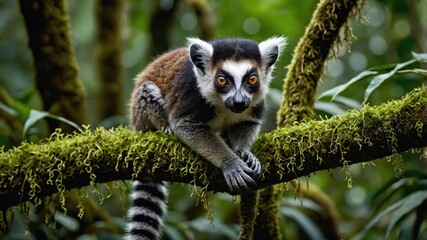 Naklejka premium A lemur perched on a moss-covered branch in a lush green forest.