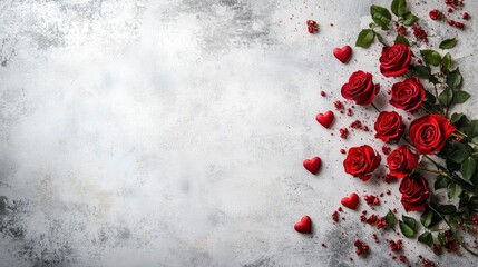 Bouquet of red roses and hearts on white background. Valentine's day, banner format. Place for text. with generative ai