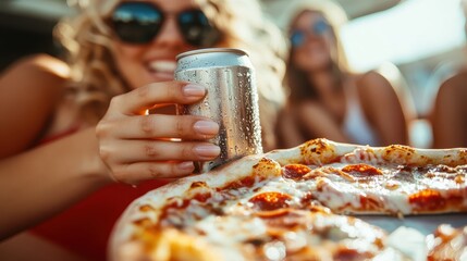 Capturing friends enjoying a day out, this image showcases a close-up of a pizza and soda can, gleaming under the sun, symbolizing cheerful companionship.