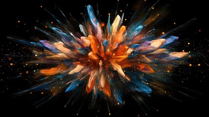 Abstract colorful explosion with bright shades, energetic movement and particles, creating a powerful and visually dynamic scene