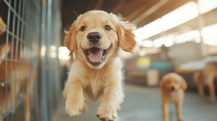 An enthusiastic golden retriever puppy runs happily outdoors, capturing lively motion and youthful exuberance in a sunlit setting with wagging tail.