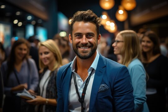 A smiling man in a suit stands among a crowd at a social or business event.