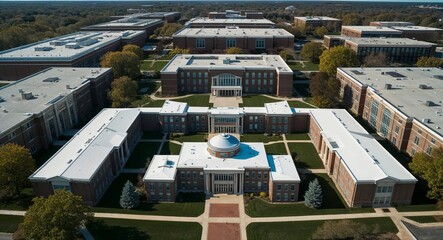 Aerial view of structured campus with multiple buildings