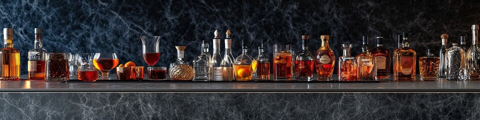 Assorted strong alcoholic drinks in glasses: vodka, cognac, tequila, brandy and whiskey, grappa, liqueur, vermouth, liqueur, rum.